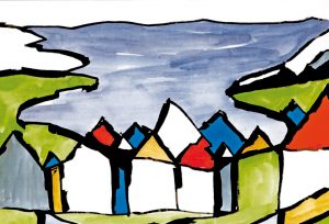 Malerei, Stadtlandschaft: Gabriele Stautner, ARTIFOX, Ulm, Reykjavik, Stadt am Fjord, Acryl auf Leinwand, 120x100cm